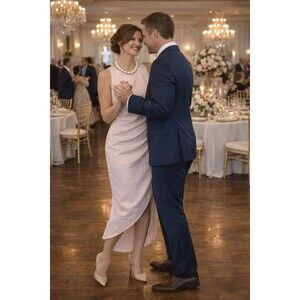 VENUS Blush Pink Asymmetrical Midi Dress Ruched Fitted M Elegant Chic Formal Lux